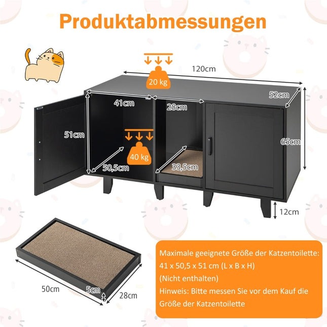Katzentoilette mit Kratzbrett, 2 Türen, Schwarz