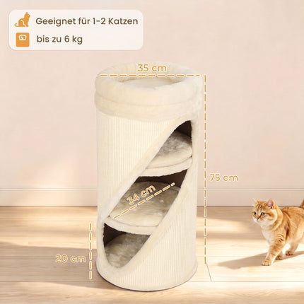Cat Scratching Barrel 75 cm with 3 Caves and Washable Bed, Ø 35 cm, Beige