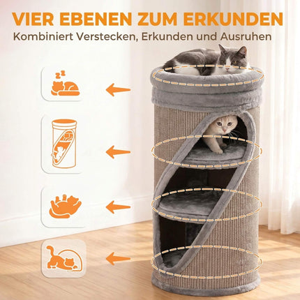 Cat Scratching Barrel 75 cm with 3 Caves and Washable Bed, Ø 35 cm, Grey
