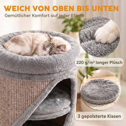 Cat Scratching Barrel 75 cm with 3 Caves and Washable Bed, Ø 35 cm, Grey