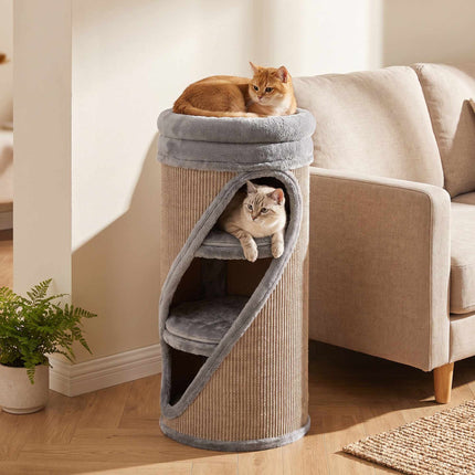 Cat Scratching Barrel 75 cm with 3 Caves and Washable Bed, Ø 35 cm, Grey