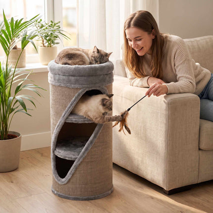 Cat Scratching Barrel 75 cm with 3 Caves and Washable Bed, Ø 35 cm, Grey