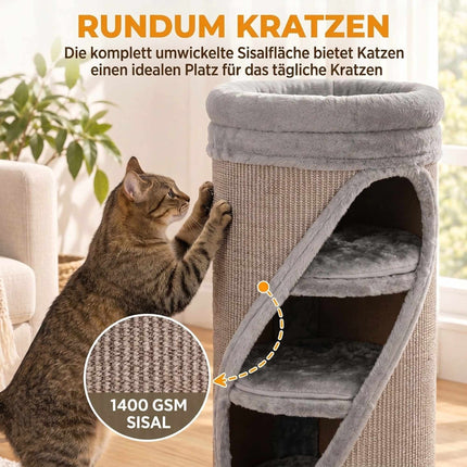 Cat Scratching Barrel 75 cm with 3 Caves and Washable Bed, Ø 35 cm, Grey