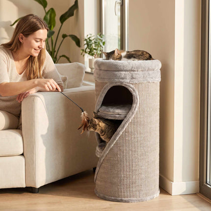Cat Scratching Barrel 75 cm with 3 Caves and Washable Bed, Ø 35 cm, Grey