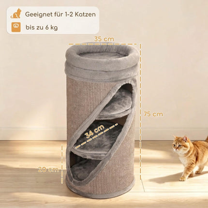 Cat Scratching Barrel 75 cm with 3 Caves and Washable Bed, Ø 35 cm, Grey