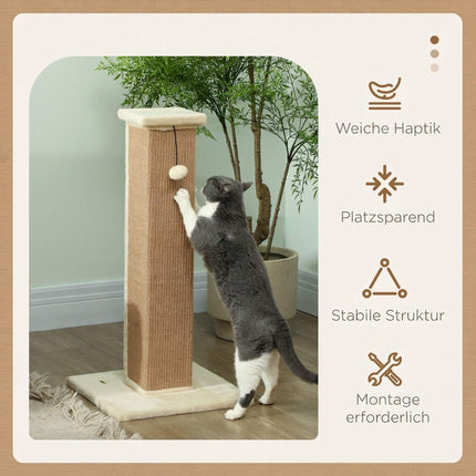 Cat Scratching Post 81 cm with Natural Jute and Ball Toy, Plush Base, Beige