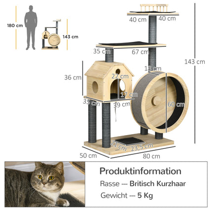 Cat Scratching House on wheels, sisal, pine, 4 floors