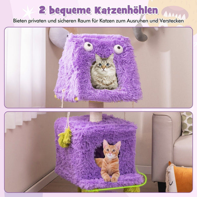Cat Scratching Post Small 111cm Monster Theme Cat Tree with 2 Cat Caves & Removable Top Purple