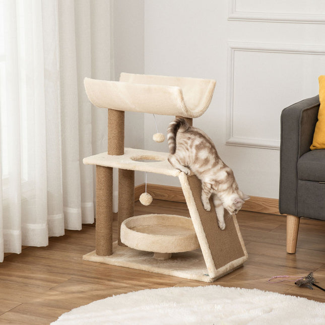 Kleiner Katzenkratzbaum mit Bett und Spielball – 76 cm
