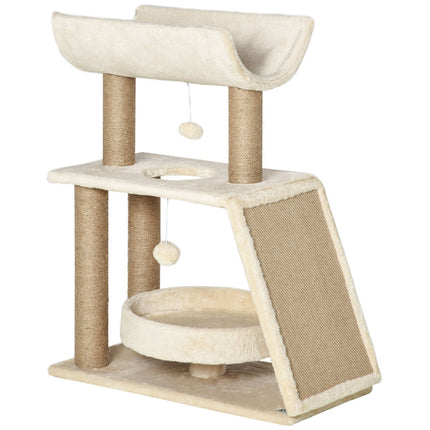Petit arbre à chat 76 cm, avec balle et siège, tour d'escalade d'intérieur avec lit et griffoir, marron clair, jusqu'à 5 kg