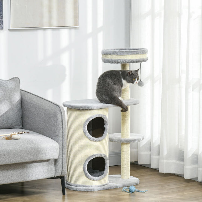 Katzenkratzbaum: 2 Höhlen, Seilsäulen, Plüsch, Grau