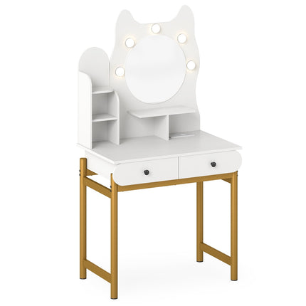 Cat-Shaped Vanity Table with Mirror, LED Lights, Drawers