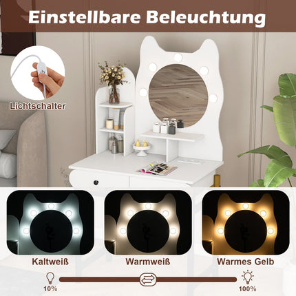 Cat-Shaped Vanity Table with Mirror, LED Lights, Drawers
