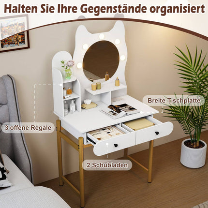 Cat-Shaped Vanity Table with Mirror, LED Lights, Drawers