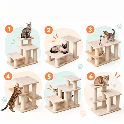 Cat Stairs with 3 Steps and Sisal Posts, 6-in-1 Adjustable – Beige, Max. 40 kg