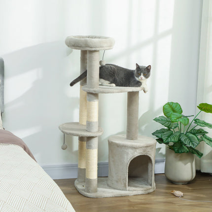 Kočičí věž 114 cm, sisalové sloupky, víceúrovňová, světle šedá