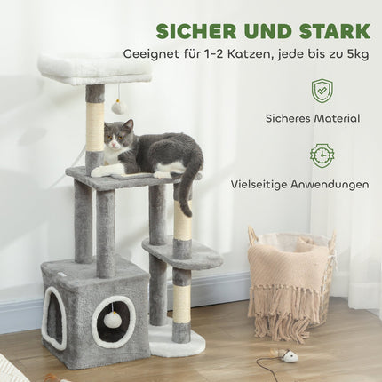 Kratzbaum mit Höhle, Sisalstämmen, Plüschbällen, 107 cm, Grau