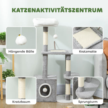 Kratzbaum mit Höhle, Sisalstämmen, Plüschbällen, 107 cm, Grau