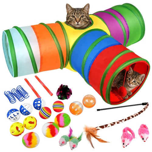 Katzenspielzeug-Set mit Tunnel, Stab, Bällen & Mäusen – 24-teilig