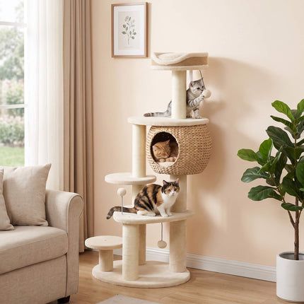 Cat Tree 132 cm with Woven Cattail Cave and Top Bed, 3 Sisal Posts, Up to 6 kg