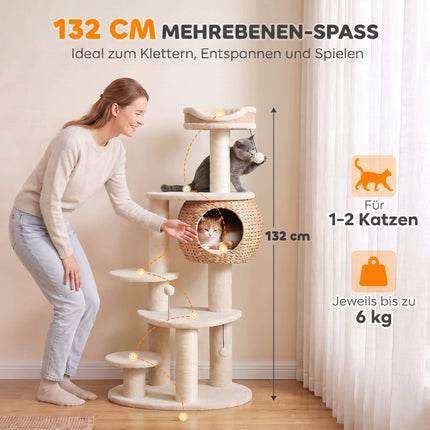 Cat Tree 132 cm with Woven Cattail Cave and Top Bed, 3 Sisal Posts, Up to 6 kg