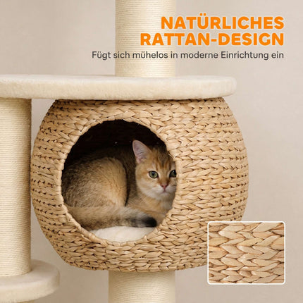 Cat Tree 132 cm with Woven Cattail Cave and Top Bed, 3 Sisal Posts, Up to 6 kg
