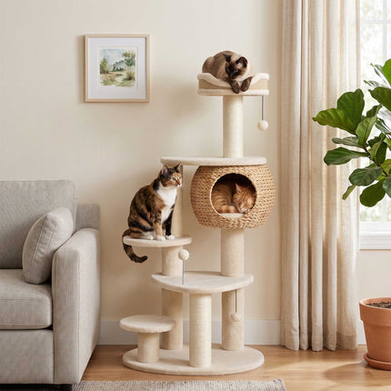 Cat Tree 132 cm with Woven Cattail Cave and Top Bed, 3 Sisal Posts, Up to 6 kg