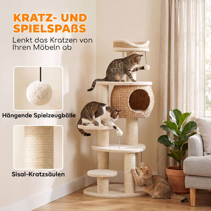 Cat Tree 132 cm with Woven Cattail Cave and Top Bed, 3 Sisal Posts, Up to 6 kg