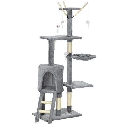Tall cat tree with scratching post and toys, grey/white