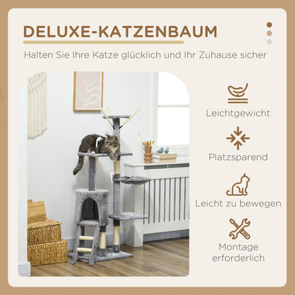 Tall cat tree with scratching post and toys, grey/white