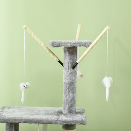 Tall cat tree with scratching post and toys, grey/white