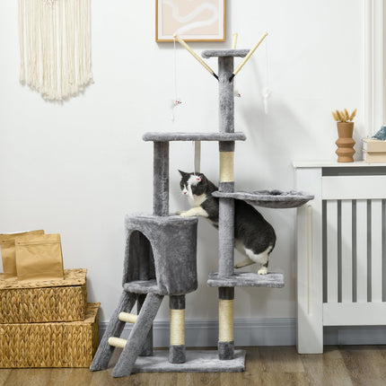 Tall cat tree with scratching post and toys, grey/white