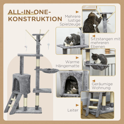 Tall cat tree with scratching post and toys, grey/white