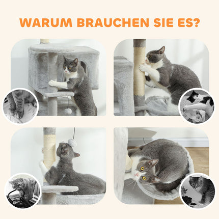 Katzenkratzbaum 140 cm, mehrere Ebenen, Sisalstämme, Hängematte