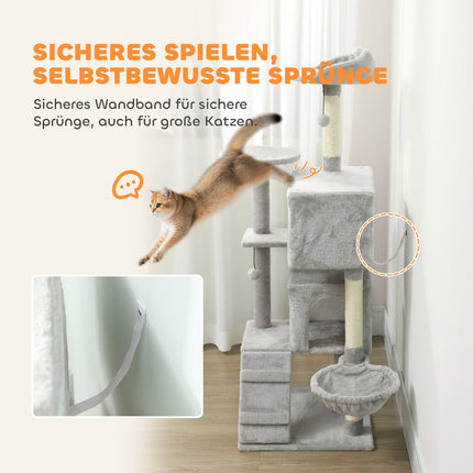 Katzenkratzbaum 140 cm, mehrere Ebenen, Sisalstämme, Hängematte