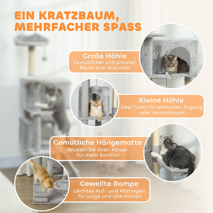 Katzenkratzbaum 140 cm, mehrere Ebenen, Sisalstämme, Hängematte