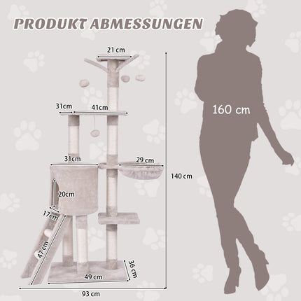 Katzenkratzbaum 140 cm mit Plattformen, Sisalstämmen, Beige