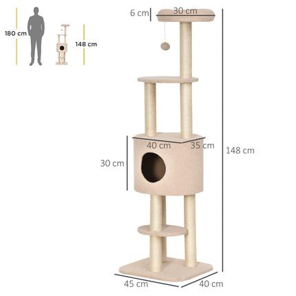 Cat Tree 148 cm with Cave, Sisal Posts, Beige