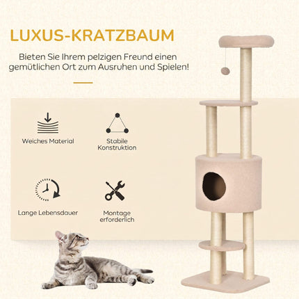 Cat Tree 148 cm with Cave, Sisal Posts, Beige