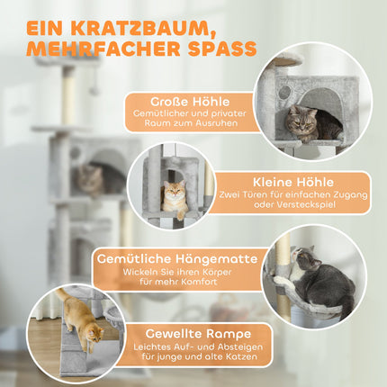 Katzenbaum 160cm, mehrstufig, Sisalstämme, Hängematte, Plattformen