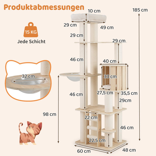 Kočičí strom 185 cm se silnými sloupky, úkrytem a kapslí