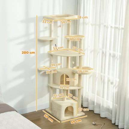 Katzenbaum, 2m, Mehrstufig, Sisal, Hängematte, Beige