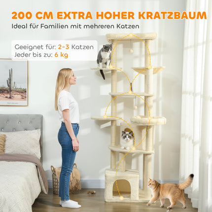 Katzenbaum, 2m, Mehrstufig, Sisal, Hängematte, Beige