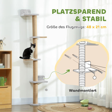 Kočičí strom, 5patrový, sisalové sloupky, plyšová látka, světle šedá
