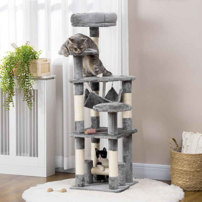 Grauer Katzenkratzbaum mit Kratzstamm, Kletterturm und Hängematte