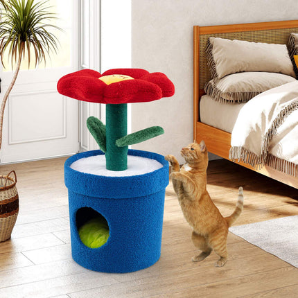 Katzenbaum für Wohnungskatzen, Blumen-Condo, gepolsterte Liegefläche, Rot