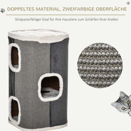 Katzenkratzbaum mit 3 Ebenen, Sisal & glattem Samtstoff, Grau/Weiß