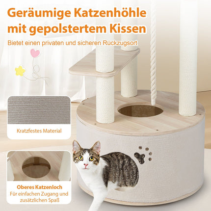 Katzenkratzbaum, 141 cm, Holz, mit Katzenhöhle & Hängematte