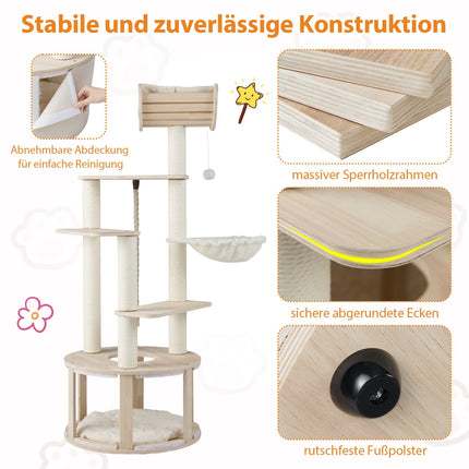 Katzenkratzbaum, 141 cm, Holz, mit Katzenhöhle & Hängematte