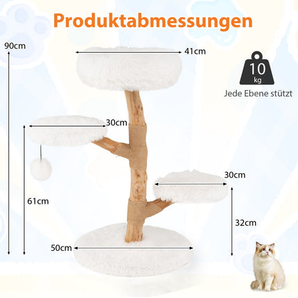 Cat Tree Tower, 90cm, Pear Wood, White, Multi-Level